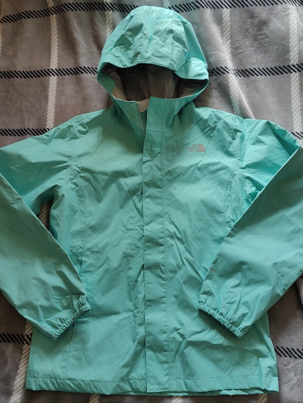 The North Face Kids/Girls' Mint Green Hooded Rain Jacket W/ Zip Pockets L 14-16